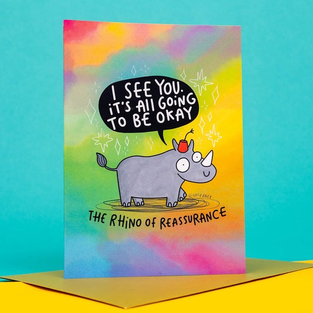 Katie Abey Design - The Rhino of Reassurance A6 Wenskaart - Multicolours